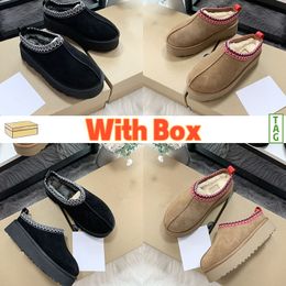 Slippers with box tazz suede shearling men women slides warm platform black chestnut fashion mens sandals australia shoes designer sneakers US 3-12