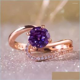 Wedding Rings Wedding Rings Shiny Purple Cz Crystals For Women Fashion Jewellery Z Shape Rose Gold Finger Female Anel Party Giftsweddi Dhgoe