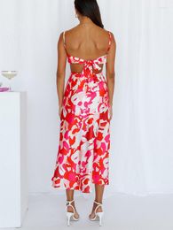 Casual Dresses 2022 Women Floral Print Midi Dress Cowl Neck Elegant Stain Slip Side Slit Backless Tie Sexy Spaghetti Strap Summer