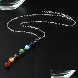 Pendant Necklaces Sier Simple Style 7 Chakra Mticolor Natural Stone Beads Pendant Necklace Long Chain For Women Charm Collier Collar Dhse7