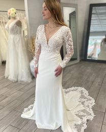 Illusion-Lace Bridal Wedding Dress 2023 Long Sleeves Deep V-Neck vestidos de novia Chapel Train Garden Castle Beach robe de mariee Open Back Bride Gowns Bridetobe