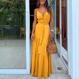 Casual Dresses 2022 Summer Maxi Dress Strapless Button Elegant Floor Length V-neck 3XL Boho Mujer Holiday Vestidos Robes