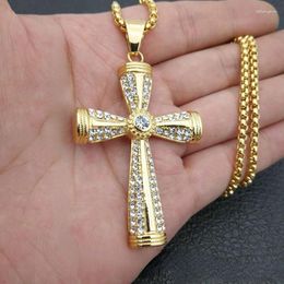 Pendant Necklaces Trendy Cross Zircon Necklace Men's Titanium Steel Gold Plated Rhinestones Punk Hip Hop Jewellery