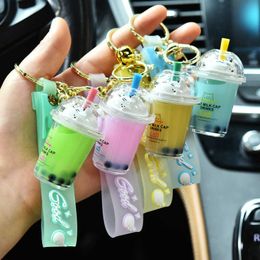 Keychains Cute Cat Pearl Milk Tea Cup Key Chain Creative Quicksand Liquid Floating Drink Keyring Backpack Pendant Keychain Gift for Women G221026