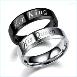 Wedding Rings Wedding Rings Her King His Queen Couple 6Mm Black/Sier Colour Stainless Steel Smooth Engagement For Women Men Jewelrywe Dhfy5