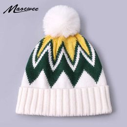Beanie/Skull Caps Autumn Winter Wool Beanie Hat With Faux Fur Pompon Fashion Casual Colourful Striped Soft Cap Outdoor Thick Warm Beanies in Style T221020