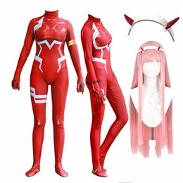 Themenkostüm Anime Darling In The franxx 02 Zero Two Cosplay Kostüm für Frauen Halloween Kostüm Perücke 3D-Druck Bodysuit Zentai Anzug 221026