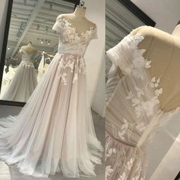 Real Image Elegant A Line Champagne Wedding Dress Appliques Sheer Bateau Neckline Short Sleeve Bridal Gowns Backless Custom Made