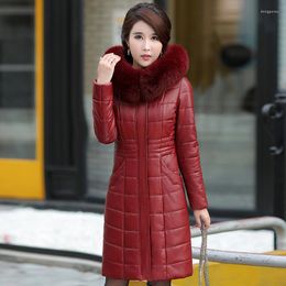 Women's Leather L-8XL Women Long Overcoat Winter Nice Mother Sheepskin Coat Thicken Warm Fur Collar Hooded Jacket Outerwear Female