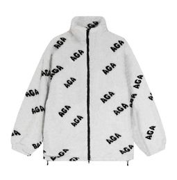 Winter Woollen Jackets for Mens Women Lamb Wool Coat with Letters Casual Windbreaker Fur Parkas Zipper Coats Black White Grey