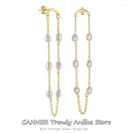 Hoop Earrings CANNER 925 Sterling Silver Curved Tassel Pearl Long Chain Drop Earring Piercing Luxury Gift Dangle Ear Studs Jewelry