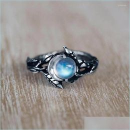 Wedding Rings Wedding Rings Fashion Women Leaf Shape Natural Moonstone Ring Vintage Sier Colour Gemstone Engagement For Party Jewellery Dhfv3