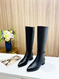 Womens Boots Knee Winter Knight Long Chunky Heel Rainboots Luxury Brand Shoes Cow Leather Zip Size 35-41
