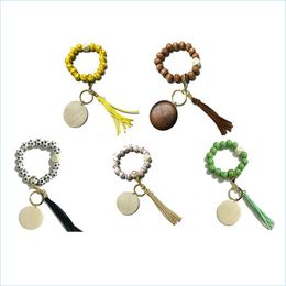 Party Favor Sports Ball Beaded Bracelet Keychain Tassel Keychains Pendant Creative Football Basketball Baseball Wooden Bead Bracelet Dhfqs