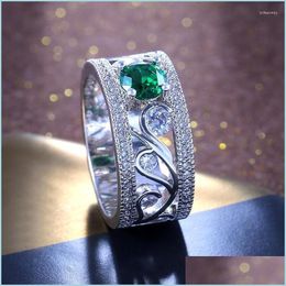 Wedding Rings Wedding Rings Hollow Out Flower Green Stone For Women Cubic Zirconia Wide Finger Engagement Ring Female Vintage Jewelr Dhgb1