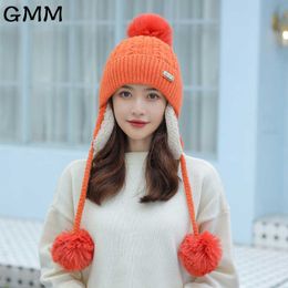 Beanie/Skull Caps Winter Women Ear Protection Beanie Hat Cute Girls Knitted Hats With 3Balls Pompom Ear Cap Thick Warm Beanies Skullies Female Cap T221020