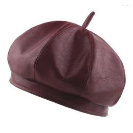Berets Women Fashion Superior Quality Faux Leather Beret Retro Solid PU Scottish Pumpkin Hat