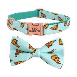 Dog Collars Pizza Pattern Collar And Leash With Bow Tie For Big Small Cotton Fabric Rose Gold Metal Buckle