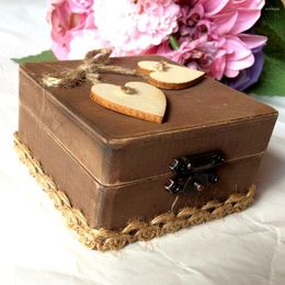 Jewellery Pouches Vinatge Style Square Wooden Ring Bearer Box Heart Pillow Lover Gift Adorned With Pieces Case