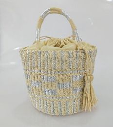 Evening Bags Gold And Silver Bucket Woven Straw Bag British Wind Women's Shoulder Handmade Grass Weaving Travel Leisure Beach