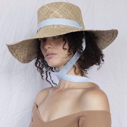 Wide Brim Hats Handmade Grass Sea Flat Straw Cowboy For Women Summer Custom Hat Outdoor Travel Beach Luxury Sun Visor