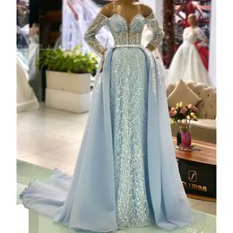 Blue Prom Dresses Long Sleeves V Neck Lace Appliques Shiny Sequins Off Shoulder Beaded Train Hollow Detachable Train Floor Length Evening Dress Plus Size Custom Made