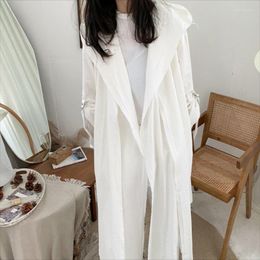 Women's Trench Coats Spring Women's Hoodie Lapel Hair Loose Long Solid Color Sleeves With Two Ribbon Design