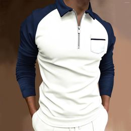 Men's Polos Casual Patchwork Men Polo Shirts Zipper Turn-down Collar Tops Business Long Sleeve Pocket Shirt