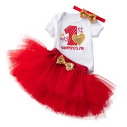 ins Baby Girl 1st Birthday Romper Dress Suits 3PCS/Set 0-24M Newborn Infant Cartoon Design Printed Tutu Skirts Cotton Romper Fluffy Skirt 7 Style