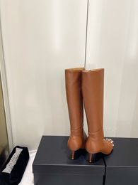 Herbst und Winter 2022 neue hohe Stiefel Weidennagel spitze dünne Bein elastische Stiefel Leder knielang Damen