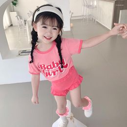 Clothing Sets Summer Girls 2 Pcs Set Toddler T Shirt Shorts Kids Suits For Baby Children Clothes Letter Print Ruched Lace Cotton 1-6Y