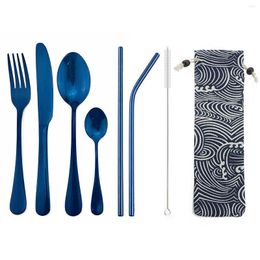 Flatware Sets 8 Pcs/Set Luxury Mirror Blue Set Stainless Steel Dinnerware Cutlery Portable With Straws Bag Silverware For Travel