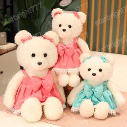 35/45cm Kawaii Plush Curly Hair Teddy Bear Toys Cute Bear with Bow Suspender Dress Pillow Stuffed Soft Dolls Girls Gifts