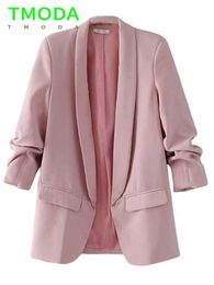 Women's Suits Blazers T MODA 2022 Summer Autumn Elegant Women Workwear Pink Blazer Three Quarter Sleeve Regular Fit Minimalist Office Lady Blazer T221027