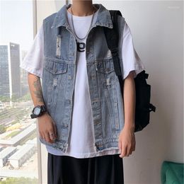 Men's Vests 2022 Men's Denim Vest Fashion Casual Classic Style Loose Waistcoat Jean Jacket Coat Male Blue Black Sleeveless