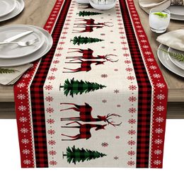 Table Runner Christmas Tree Elk Snowflake Plaid Flag Family Party Wedding Decoration Home