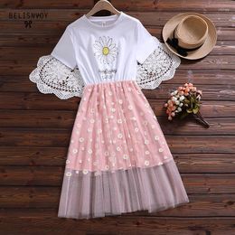 Party Dresses Japanese Summer Women White Small Daisy Dress Printed Daisies Mesh Patchwork Short Sleeve Cute Kawaii Tulle