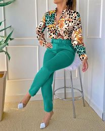Women's Two Piece Pants 2022 Sets Autumn Women's Fashion Print Stand-Up Collar Long-Sleeved Shirt Top With Belt Solid Colour Trousers
