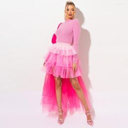 Skirts Summer Fuchsia High Low Mix Colour Tutu Skirt Women Long Ruffles Tiered Tulle Elastic Custom Made Female 2022