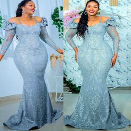 Dusty Blue Lace Mermaid Evening Dresses Long Sleeves Designer 2023 Floor Length Custom Made Formal Occasion Wear Arabic Prom Gown vestidos