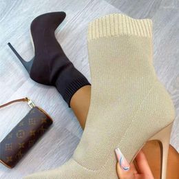 Boots 2022 Luxury Women Nude Black Stretch Fabric Sock Square Toe Yarn Elastic Knitting Ankle Lady Thick High Heels Shoes