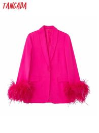 Women's Suits Blazers Tangada Women 2022 HotpinkBlazer Coat Vintage Feather Long Sleeve Female Outerwear Chic Tops 3H426 T221027