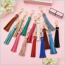 Keychains Lanyards Long Tassel Keychain Car Bag Hanging Pendant Ornaments Gift For Women Girls Trinket Leather Rhinestone Bow Key Dhwpw