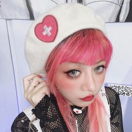 Berets Pink Wihite Love Heart Girl's Beret Japanese Cute Girl Sweet Cross Wool Embroidery Women Hat Lolita Accessories