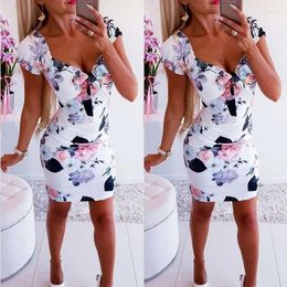 Party Dresses 2022 Summer Ladies Mini Tight Dress Sexy V-neck Printed Beach Skirt Short-sleeved Waist Bag Hip