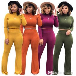 Designer Autumn Winter Clothing Women Wide Leg Pants Suit Sexy Pit Strip Open Waist High Neck Sweater Crop Top 2 Piece Set