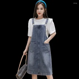 Casual Dresses Denim Dress Women 2022 Summer Korean Style Slim Fit Straps Pocket Overall Sundress Preppy Girl Student 5XL A437