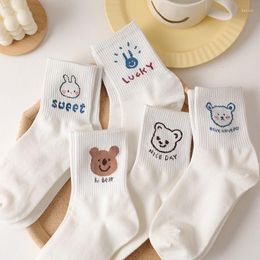 Women Socks 5Pairs Winter Cute Cartoon Animal White Long Bear Print Female Casual