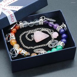 Strand 7 Chakras Reiki Healing Hologram Bracelets Rose Quartzs Pendulum Pendant Set Trendy Jewellery For Women & Man Party Gifts