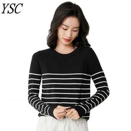 Women's Sweaters YSC Hot Sales Classic style Knitted Cashmere Wool Sweater Black and white stripes Keep warm High-quality pullovers 2 G221018